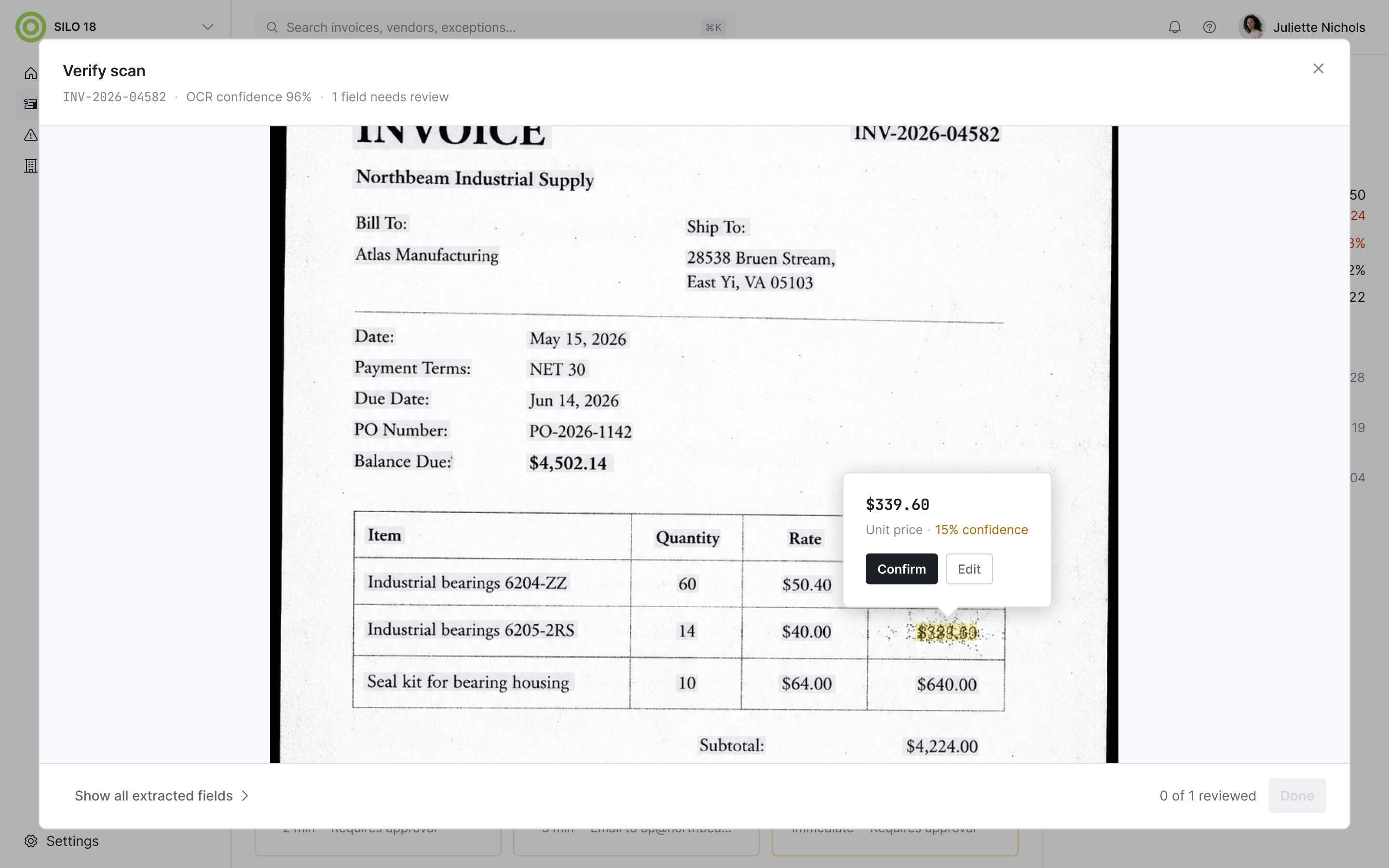 Exception detail screen with vendor context