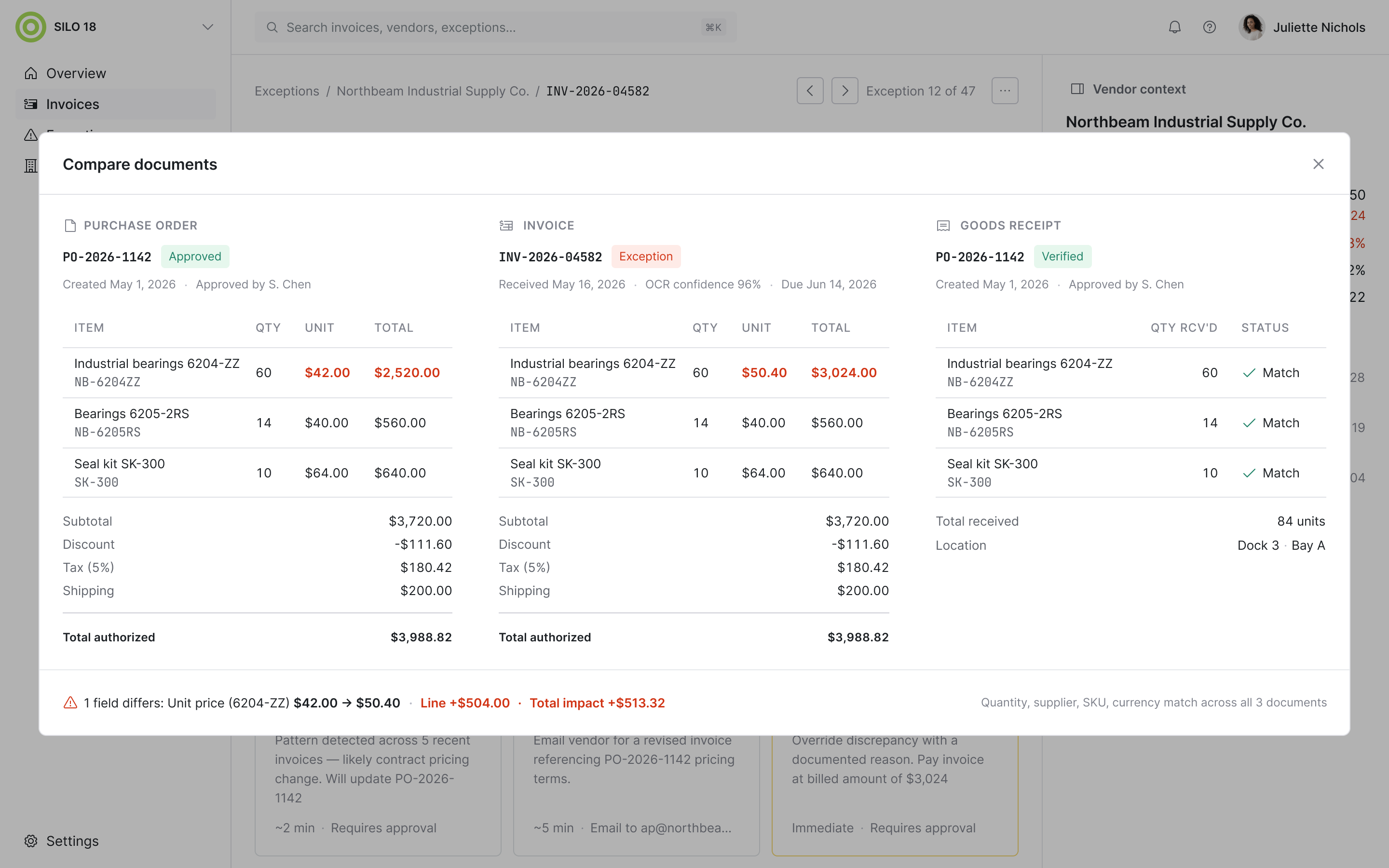 Exception detail screen with invoice comparison
