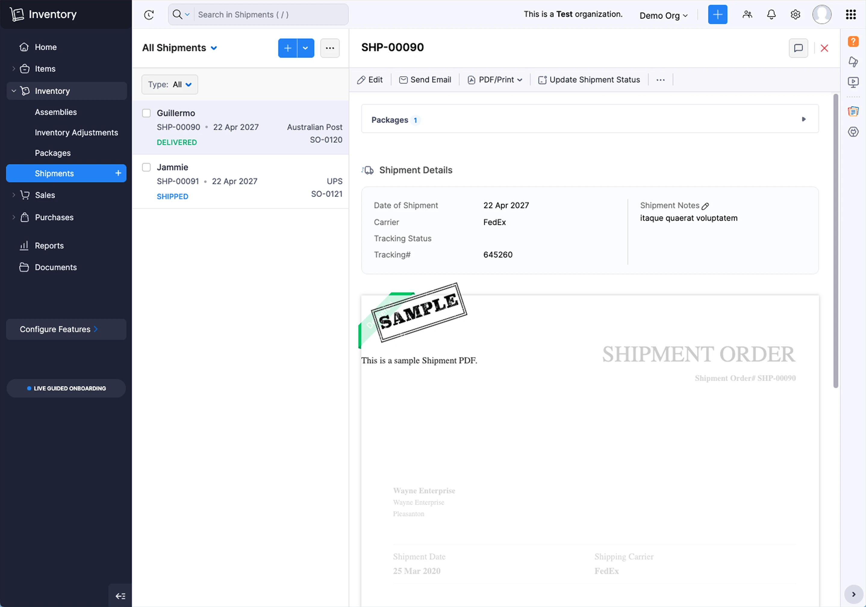 Benchmark: shipment as a separate entity in a CRM
