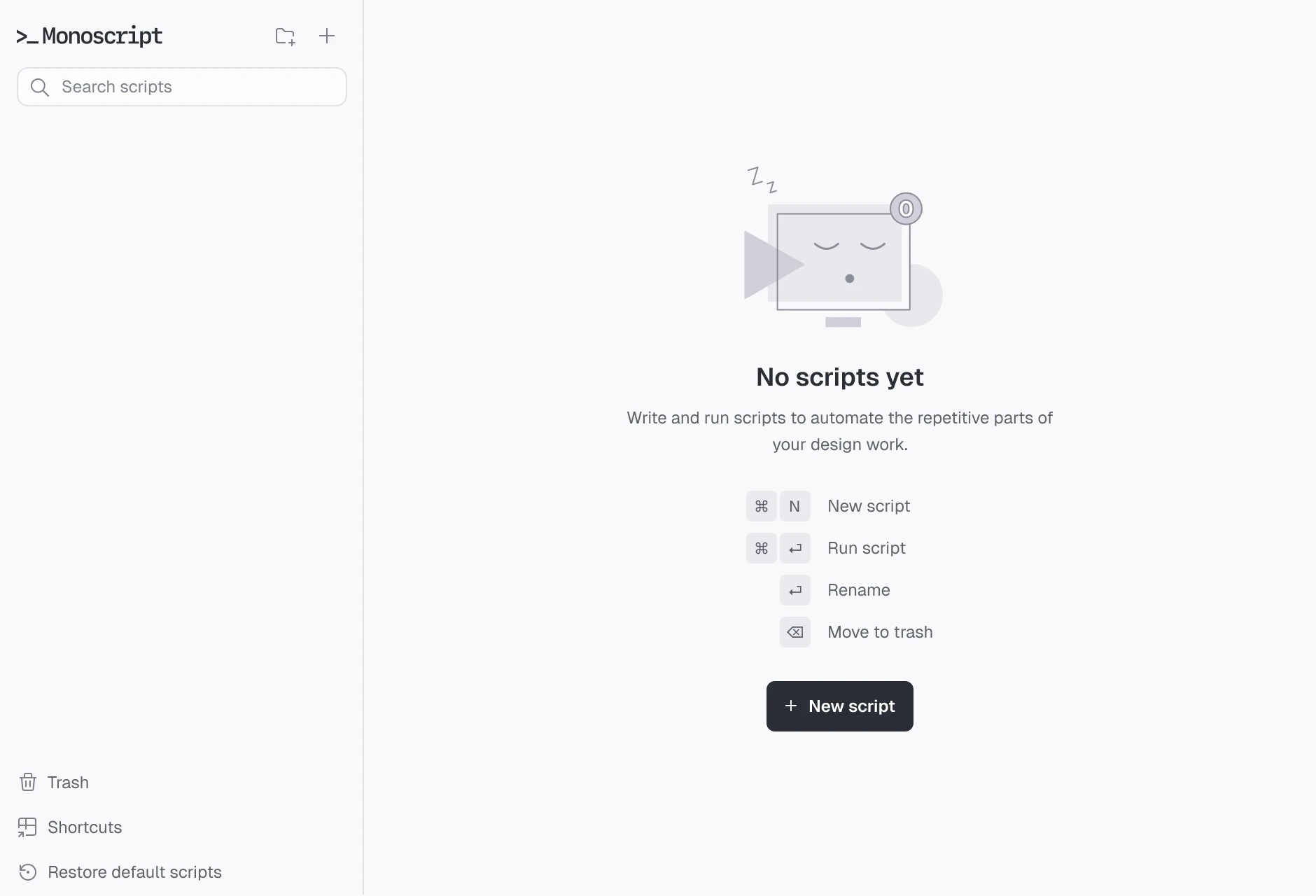 Plugin with no scripts: empty sidebar and 'No scripts yet' screen showing a sleeping window illustration, four shortcuts, and a New script button