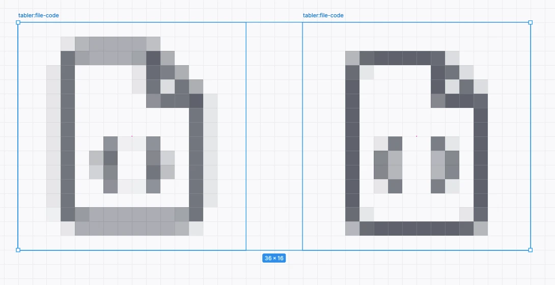 Two tabler:file-code icons under high magnification: on the left, scaled down from 24 px; on the right, redrawn for a 16 px grid