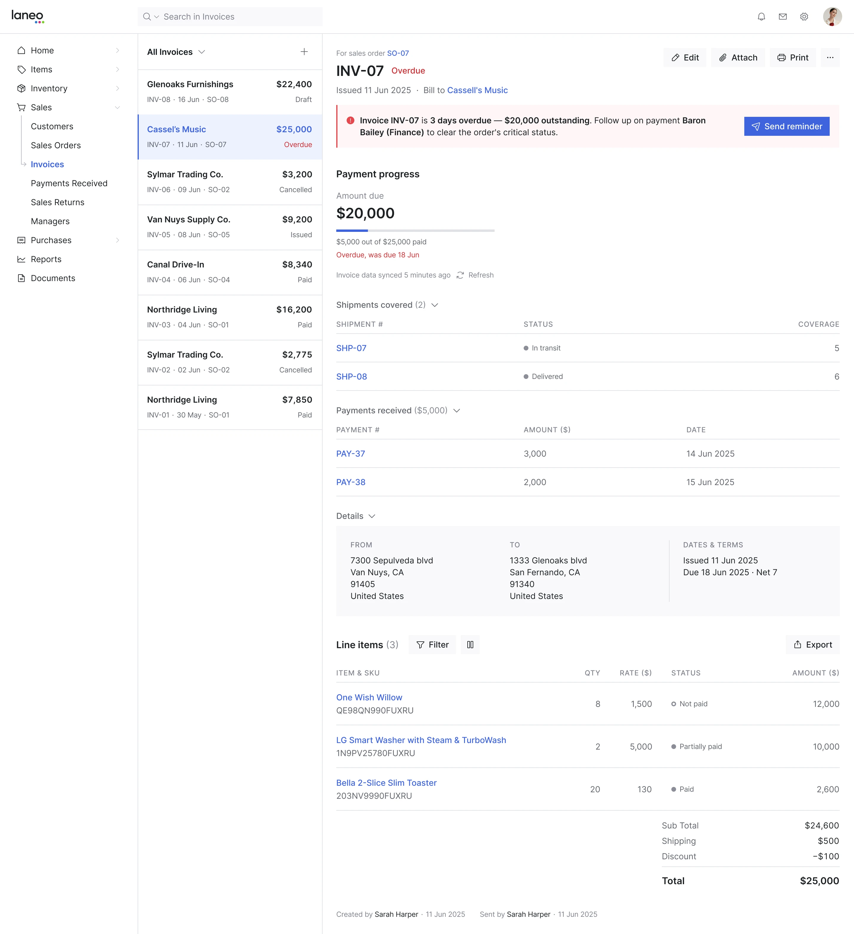 Laneo CRM invoice screen with payment progress and related shipments