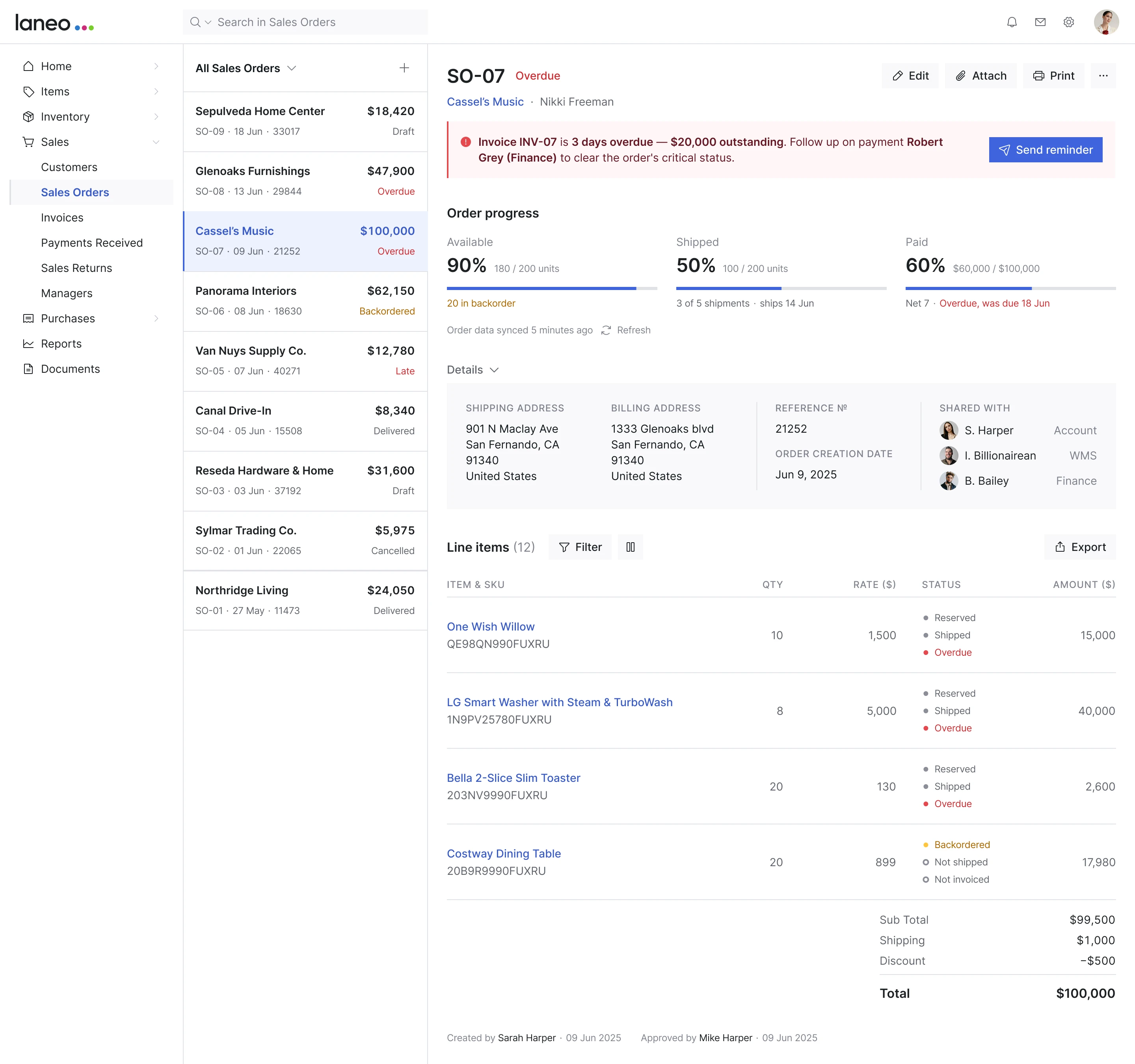 Laneo CRM order overview screen