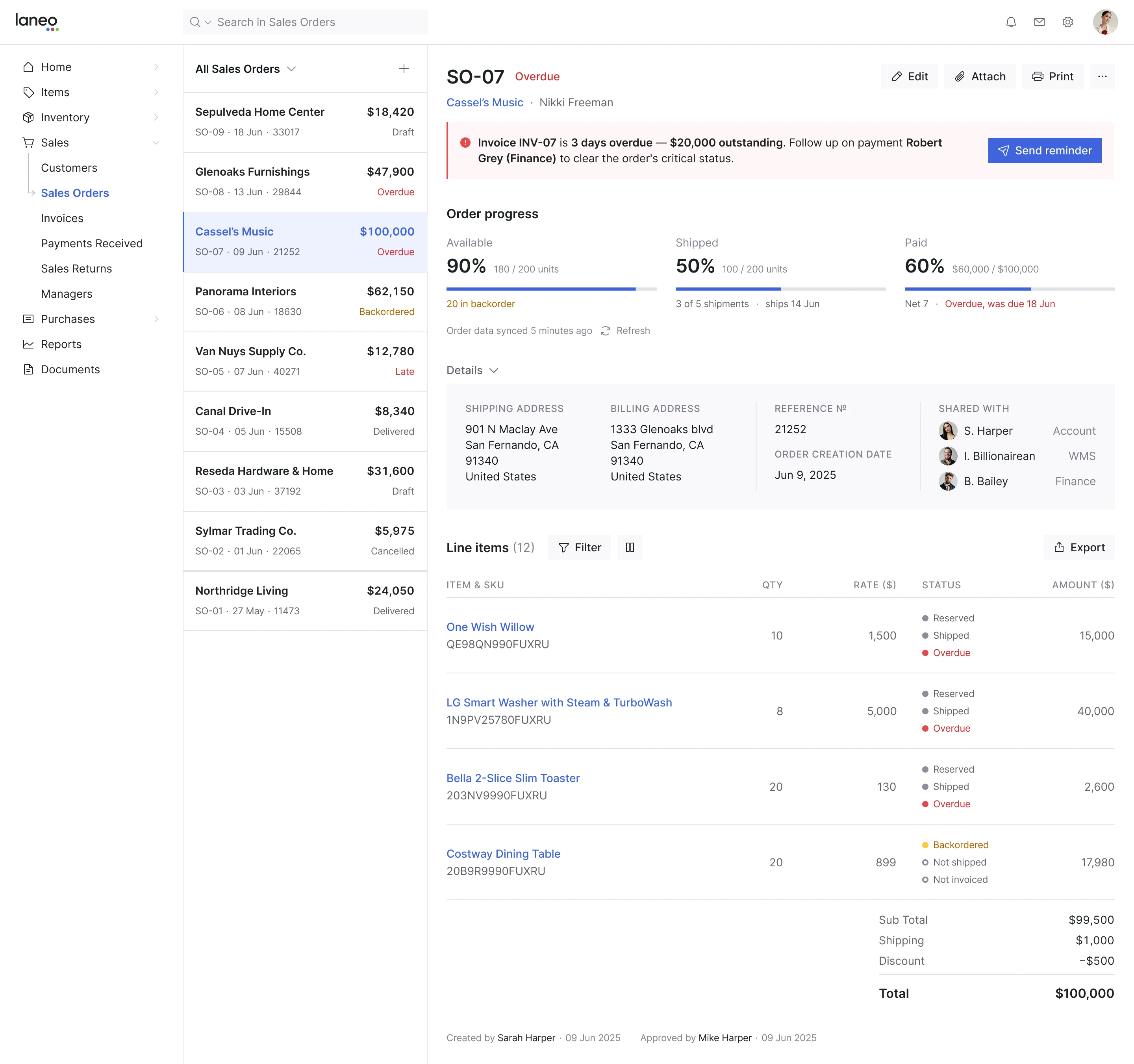 Laneo CRM order overview screen