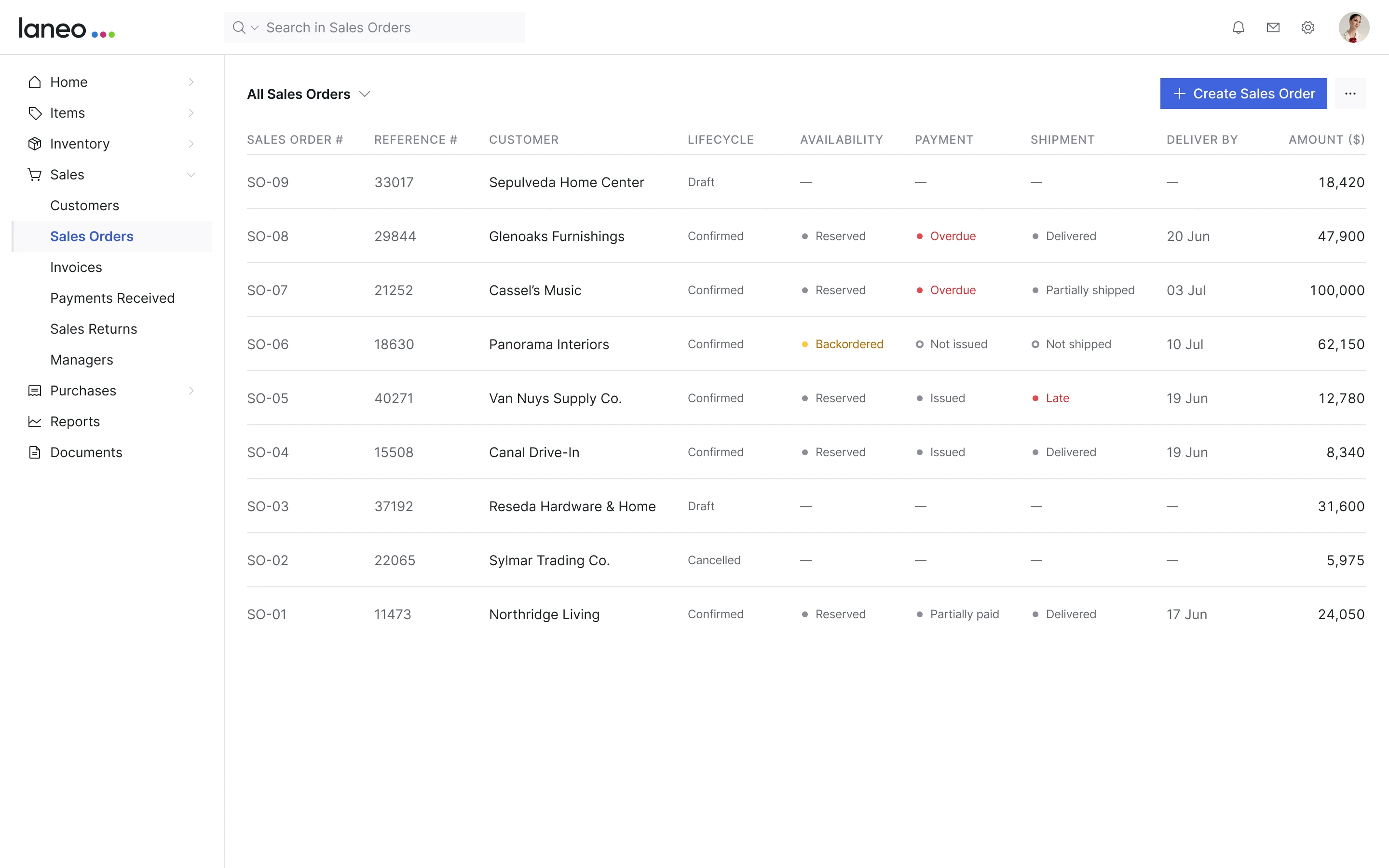 Laneo CRM order list with statuses for invoice, payment and shipment
