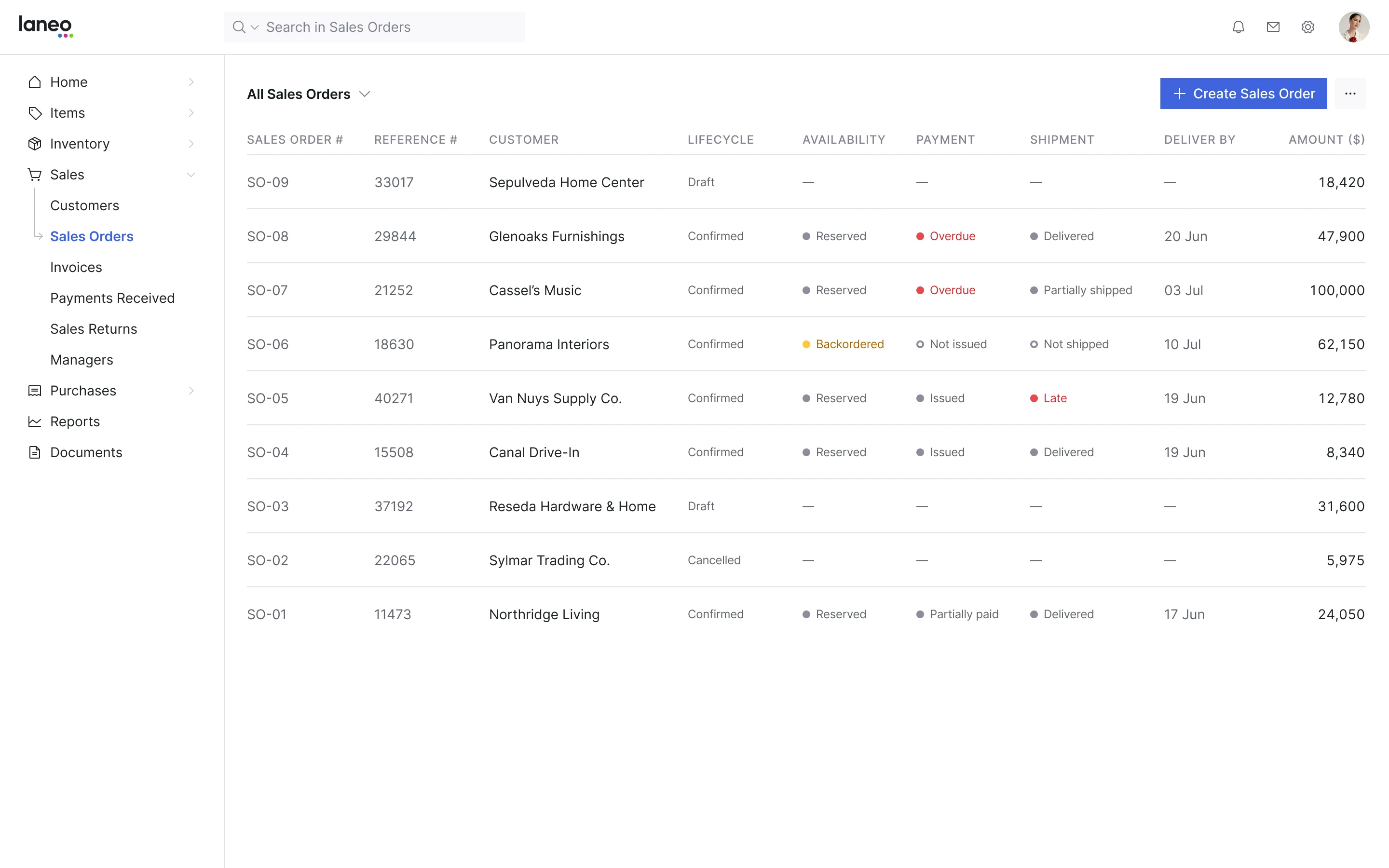Laneo CRM order list with statuses for invoice, payment and shipment