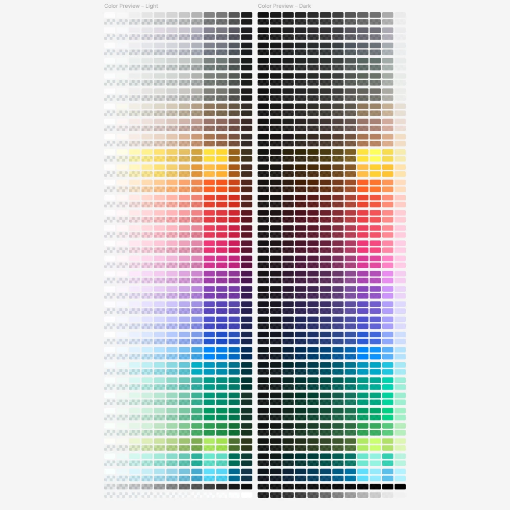Radix Colors scales generated by the plugin on the Figma canvas: the light frame on the left, the dark one on the right
